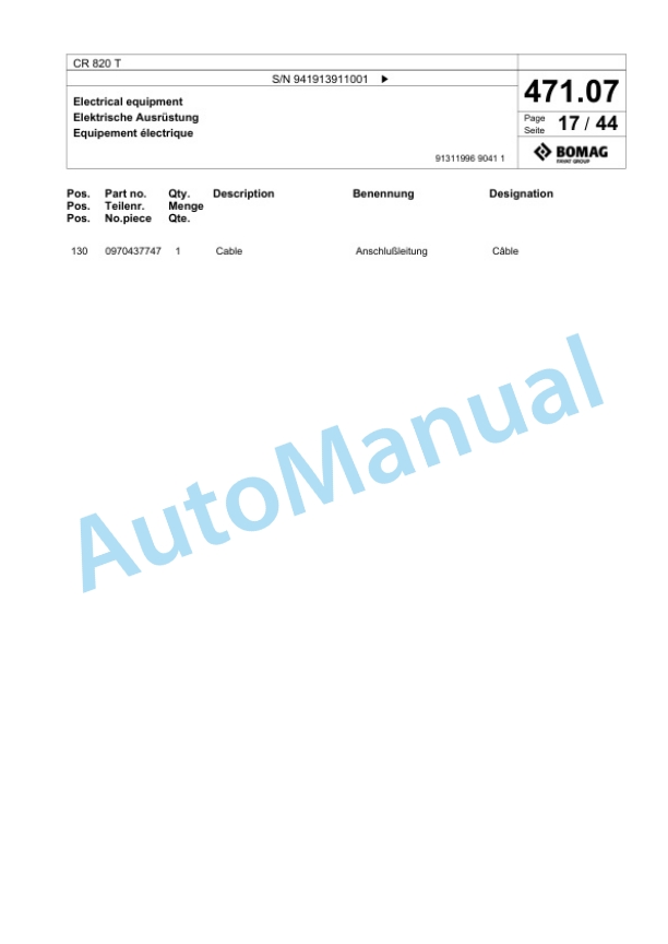 Bomag CR 820 T Paver Spare Parts Catalogue 00826147-3