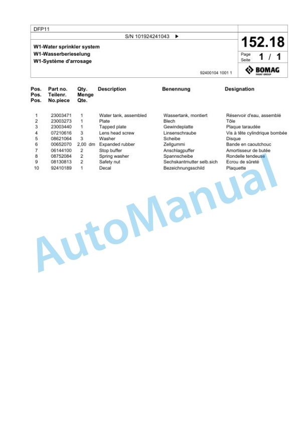 Bomag DFP11 Vibratory Plate Compactor Spare Parts Catalogue 00825419 5 Bomag DFP11 Vibratory Plate Compactor Spare Parts Catalogue 00825419-5