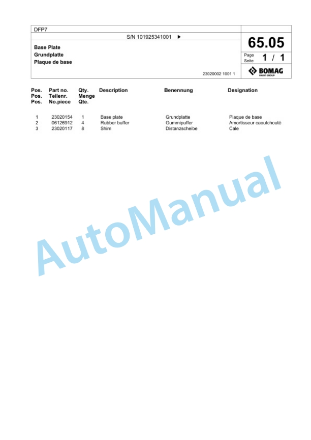 Bomag DFP7 Vibratory Plate Compactor Spare Parts Catalogue 00826129-3