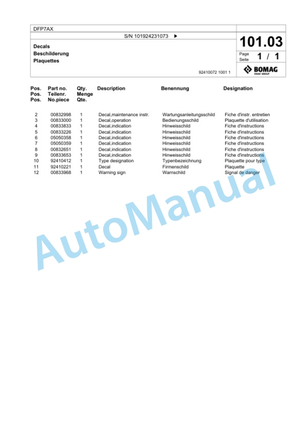 Bomag DFP7AX Vibratory Plate Compactor Spare Parts Catalogue 00825417-4