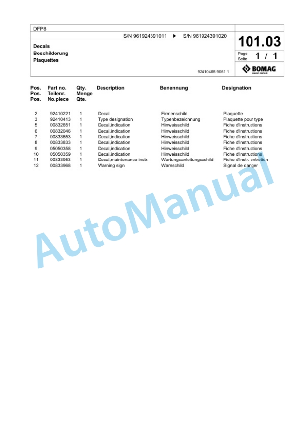 Bomag DFP8 Vibratory Plate Compactor Spare Parts Catalogue 00826249-5