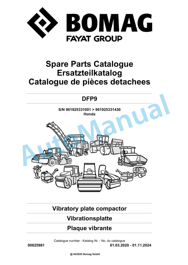 Bomag DFP9 Vibratory Plate Compactor Spare Parts Catalogue 00825981