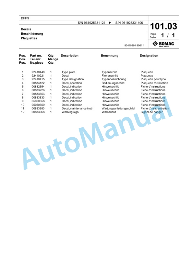 Bomag DFP9 Vibratory Plate Compactor Spare Parts Catalogue 00825981 4 Bomag DFP9 Vibratory Plate Compactor Spare Parts Catalogue 00825981-4