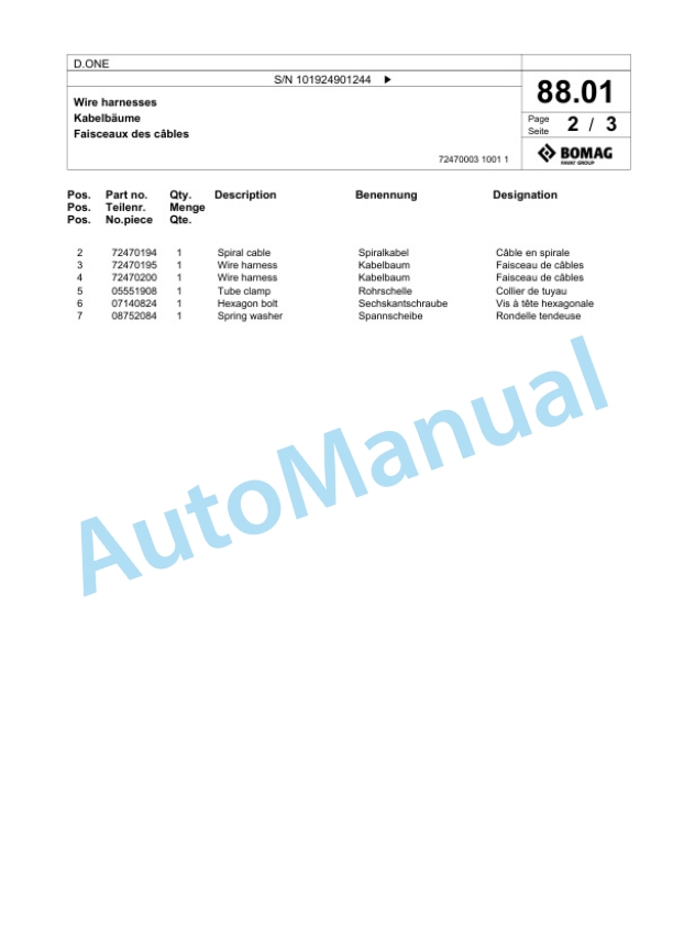 Bomag D.ONE Multi Purpose Compactor Spare Parts Catalogue 00825389 3 Bomag D.ONE Multi Purpose Compactor Spare Parts Catalogue 00825389-3