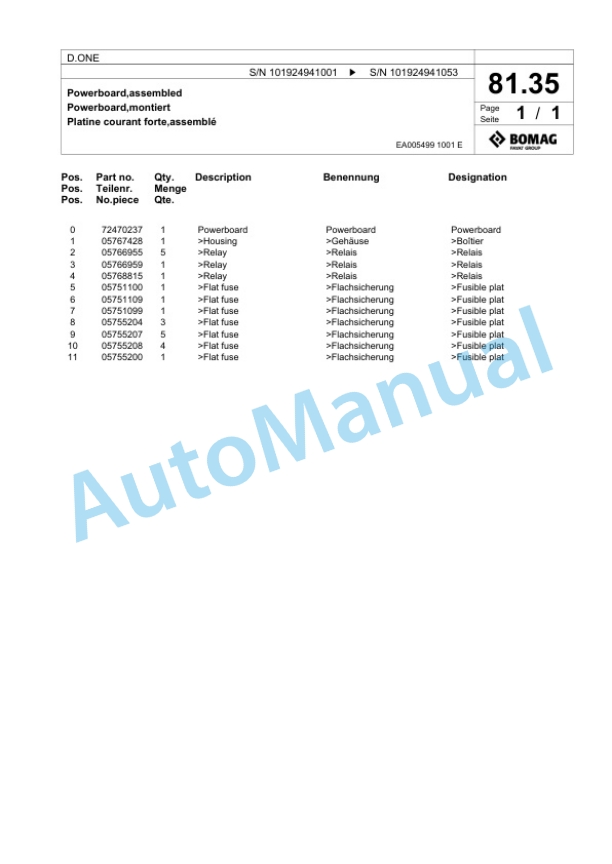 Bomag D.ONE Multi Purpose Compactor Spare Parts Catalogue 00827311-3