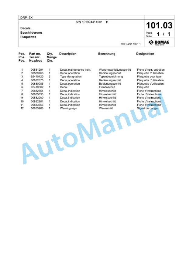 Bomag DRP15X Vibratory Plate Compactor Spare Parts Catalogue 00825647 5 Bomag DRP15X Vibratory Plate Compactor Spare Parts Catalogue 00825647-5