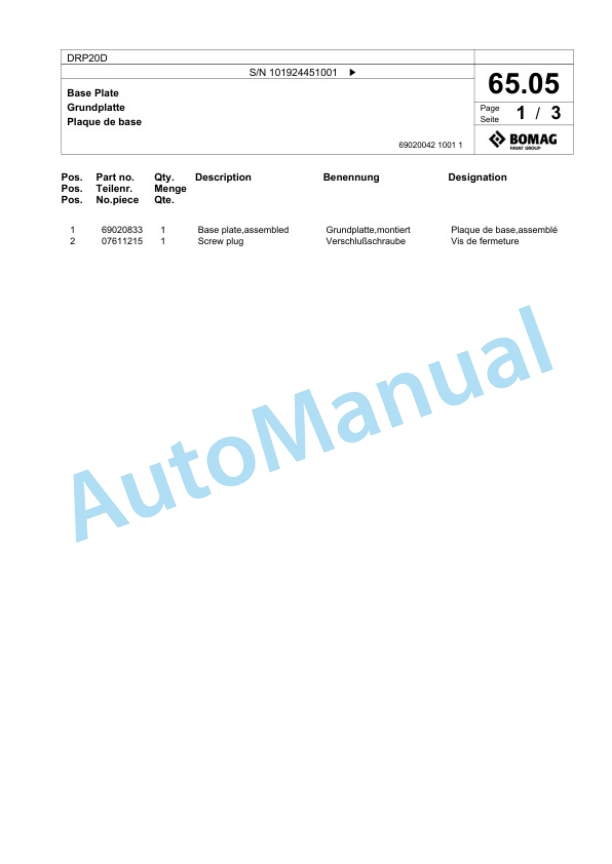 Bomag DRP20D Vibratory Plate Compactor Spare Parts Catalogue 00826107 4 Bomag DRP20D Vibratory Plate Compactor Spare Parts Catalogue 00826107-4
