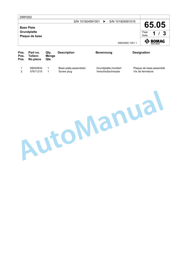Bomag DRP25D Vibratory Plate Compactor Spare Parts Catalogue 00825425 4 Bomag DRP25D Vibratory Plate Compactor Spare Parts Catalogue 00825425-4