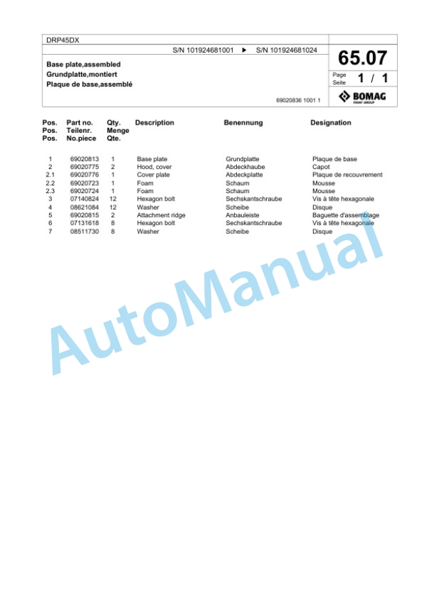 Bomag DRP45DX Vibratory Plate Compactor Spare Parts Catalogue 00825943 4 Bomag DRP45DX Vibratory Plate Compactor Spare Parts Catalogue 00825943-4