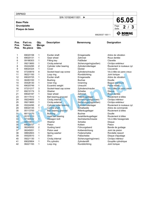 Bomag DRP60D Vibratory Plate Compactor Spare Parts Catalogue 00826109-3