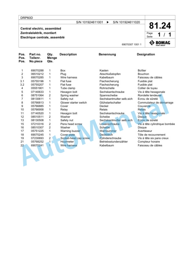 Bomag DRP60D Vibratory Plate Compactor Spare Parts Catalogue 00826109-5