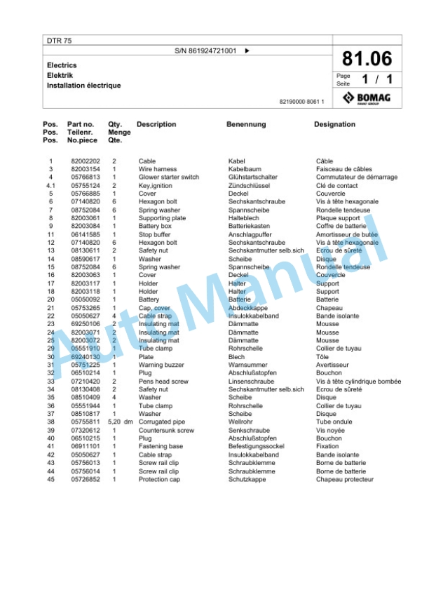 Bomag DTR 75 Double Vibratory Roller Spare Parts Catalogue 00825447 4 Bomag DTR 75 Double Vibratory Roller Spare Parts Catalogue 00825447-4