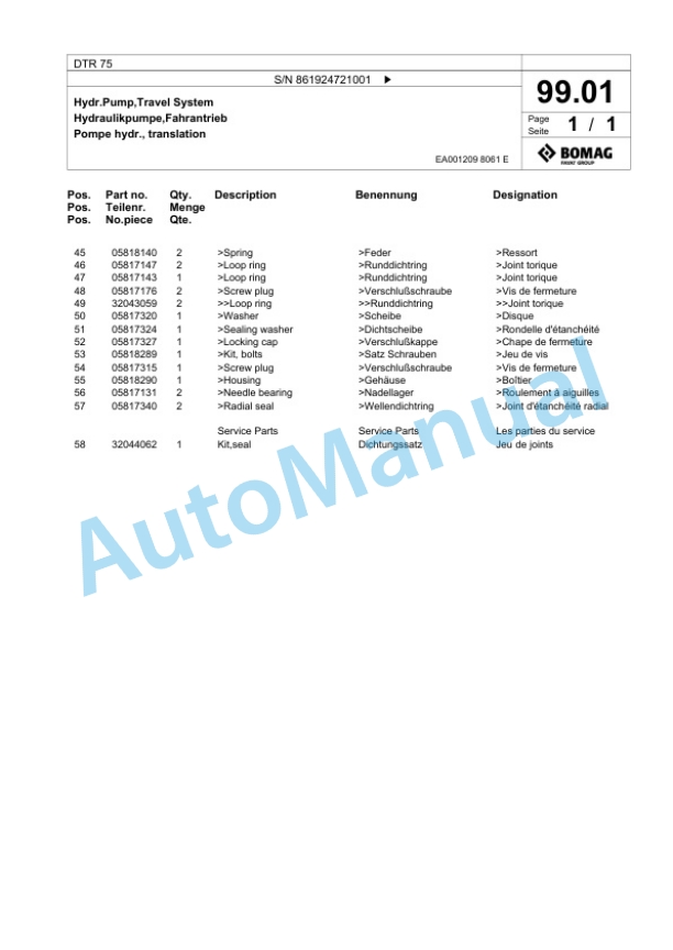 Bomag DTR 75 Double Vibratory Roller Spare Parts Catalogue 00825447 5 Bomag DTR 75 Double Vibratory Roller Spare Parts Catalogue 00825447-5