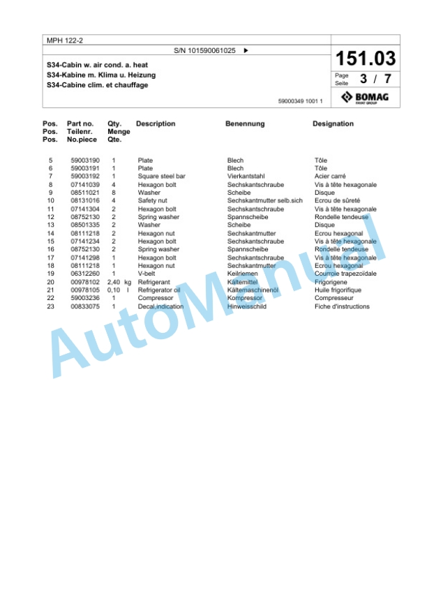 Bomag MPH 122-2 Soil Stabilizer - Asphalt Recycler Spare Parts Catalogue 00818727 3 Bomag MPH 122-2 Soil Stabilizer - Asphalt Recycler Spare Parts Catalogue 00818727-3