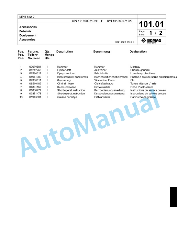 Bomag MPH 122-2 Soil Stabilizer - Asphalt Recycler Spare Parts Catalogue 00818911 3 Bomag MPH 122-2 Soil Stabilizer - Asphalt Recycler Spare Parts Catalogue 00818911-3