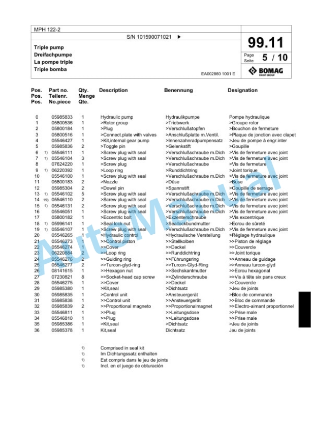 Bomag MPH 122-2 Soil Stabilizer - Asphalt Recycler Spare Parts Catalogue 00824987 3 Bomag MPH 122-2 Soil Stabilizer - Asphalt Recycler Spare Parts Catalogue 00824987-3