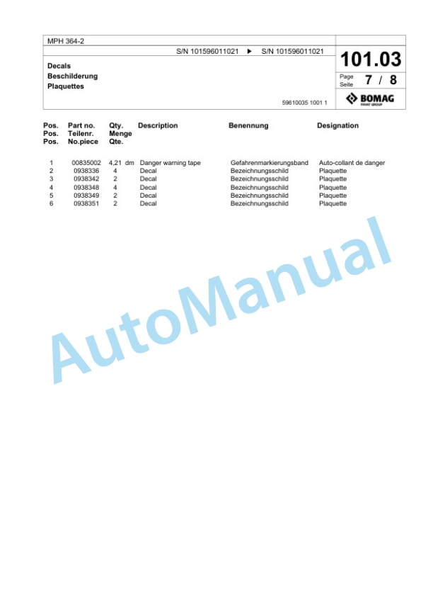 Bomag MPH 364-2 Soil Stabilizer - Asphalt Recycler Spare Parts Catalogue 00824973 4 Bomag MPH 364-2 Soil Stabilizer - Asphalt Recycler Spare Parts Catalogue 00824973-4