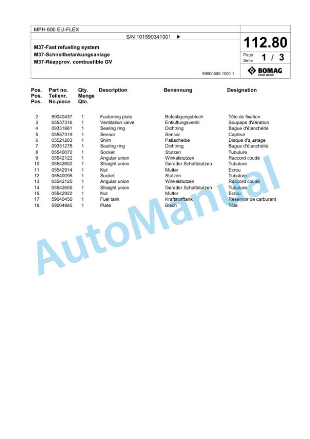 Bomag MPH 600 EU-FLEX Soil Stabilizer - Asphalt Recycler Spare Parts Catalogue 00824751 2 Bomag MPH 600 EU-FLEX Soil Stabilizer - Asphalt Recycler Spare Parts Catalogue 00824751-2