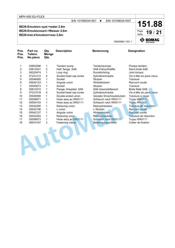 Bomag MPH 600 EU-FLEX Soil Stabilizer - Asphalt Recycler Spare Parts Catalogue 00824751 5 Bomag MPH 600 EU-FLEX Soil Stabilizer - Asphalt Recycler Spare Parts Catalogue 00824751-5