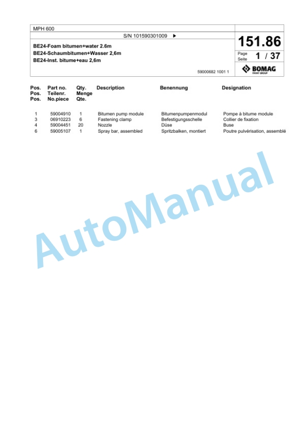 Bomag MPH 600 Soil Stabilizer - Asphalt Recycler Spare Parts Catalogue 00824097 4 Bomag MPH 600 Soil Stabilizer - Asphalt Recycler Spare Parts Catalogue 00824097-4