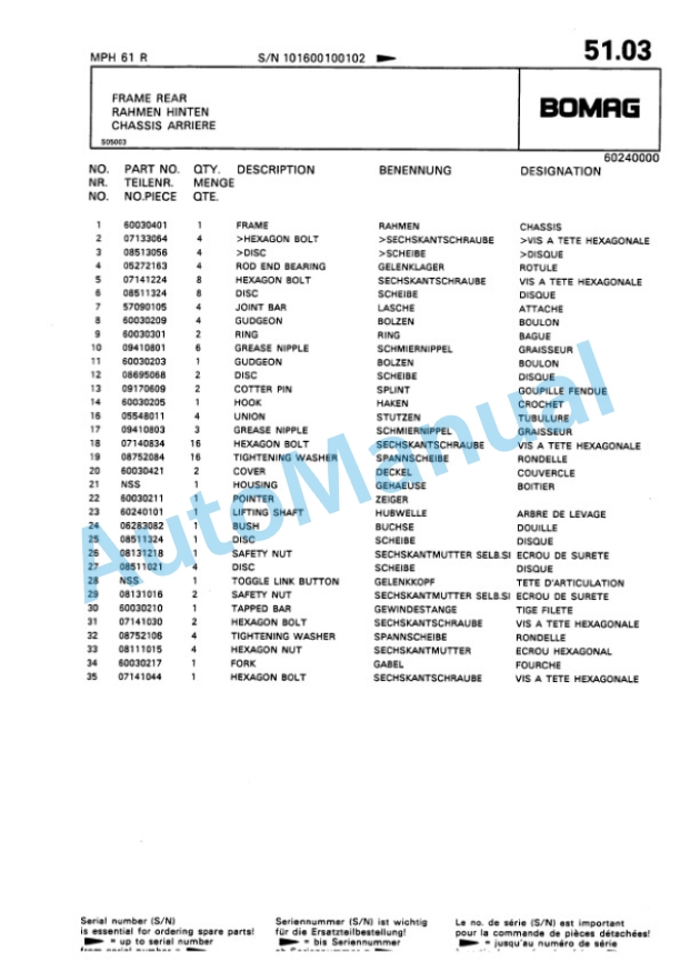 Bomag MPH 61 R Asphalt Recycler Spare Parts Catalogue 00810060 4 Bomag MPH 61 R Asphalt Recycler Spare Parts Catalogue 00810060-4