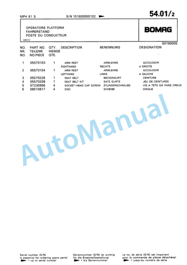 Bomag MPH 61 S Soil Stabilizer Spare Parts Catalogue 00810059 5 Bomag MPH 61 S Soil Stabilizer Spare Parts Catalogue 00810059-5