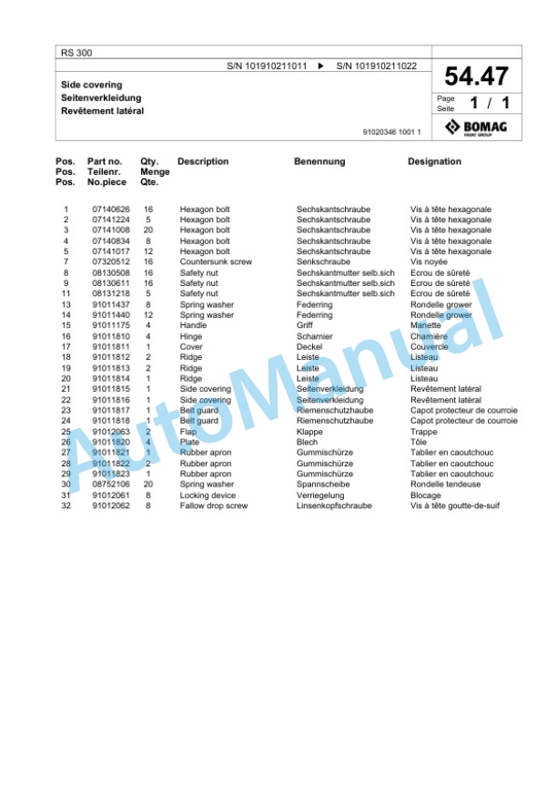 Bomag RS 300 Tractor-Towed Stabilizier Spare Parts Catalogue 00826621 2 Bomag RS 300 Tractor-Towed Stabilizier Spare Parts Catalogue 00826621-2
