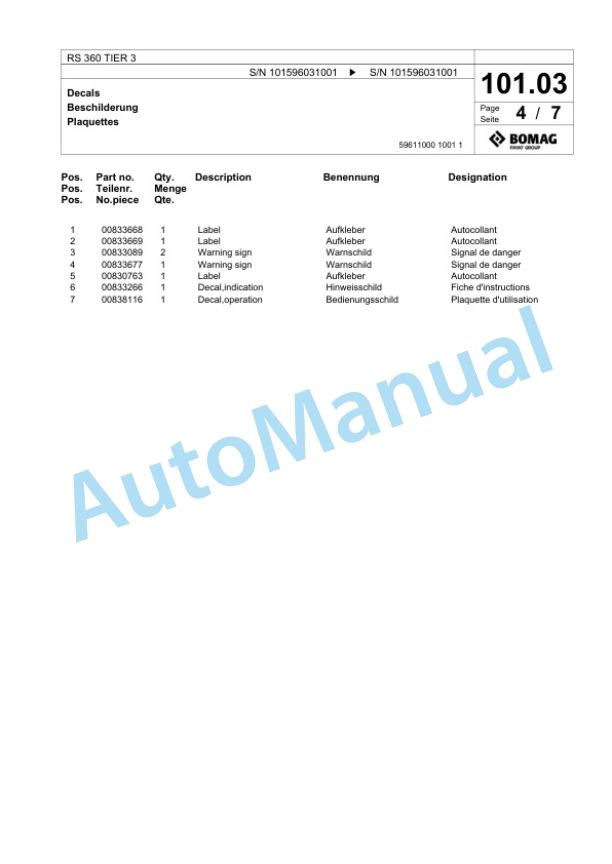 Bomag RS 360 TIER 3 Soil Stabilizer - Asphalt Recycler Spare Parts Catalogue 00825661 5 Bomag RS 360 TIER 3 Soil Stabilizer - Asphalt Recycler Spare Parts Catalogue 00825661-5