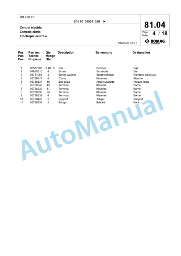 Bomag RS 460 TE Soil Stabilizer - Asphalt Recycler Spare Parts Catalogue 00825833 2 Bomag RS 460 TE Soil Stabilizer - Asphalt Recycler Spare Parts Catalogue 00825833-2