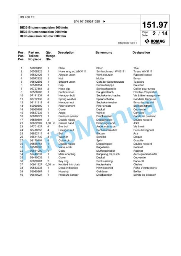 Bomag RS 460 TE Soil Stabilizer - Asphalt Recycler Spare Parts Catalogue 00825833 5 Bomag RS 460 TE Soil Stabilizer - Asphalt Recycler Spare Parts Catalogue 00825833-5