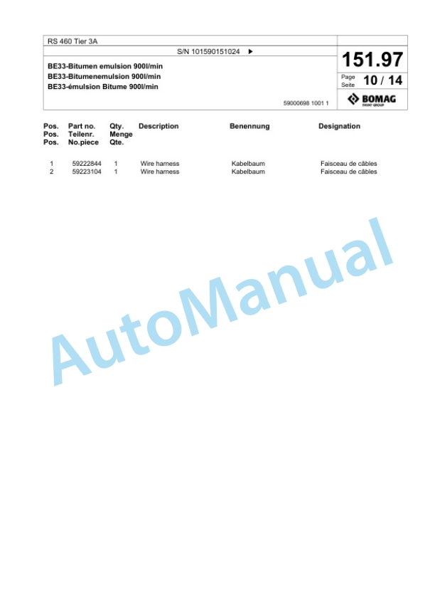 Bomag RS 460 Tier 3A Soil Stabilizer - Asphalt Recycler Spare Parts Catalogue 00826141 4 Bomag RS 460 Tier 3A Soil Stabilizer - Asphalt Recycler Spare Parts Catalogue 00826141-4