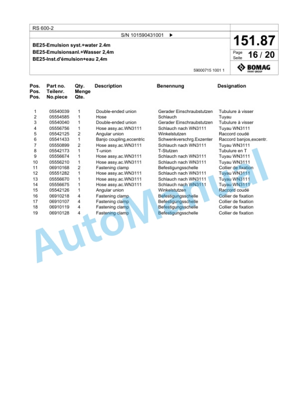 Bomag RS 600-2 Soil Stabilizier - Asphalt Recycler Spare Parts Catalogue 00826669 5 Bomag RS 600-2 Soil Stabilizier - Asphalt Recycler Spare Parts Catalogue 00826669-5