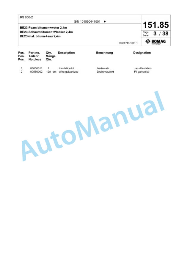Bomag RS 650-2 Soil Stabilizier - Asphalt Recycler Spare Parts Catalogue 00826671 3 Bomag RS 650-2 Soil Stabilizier - Asphalt Recycler Spare Parts Catalogue 00826671-3