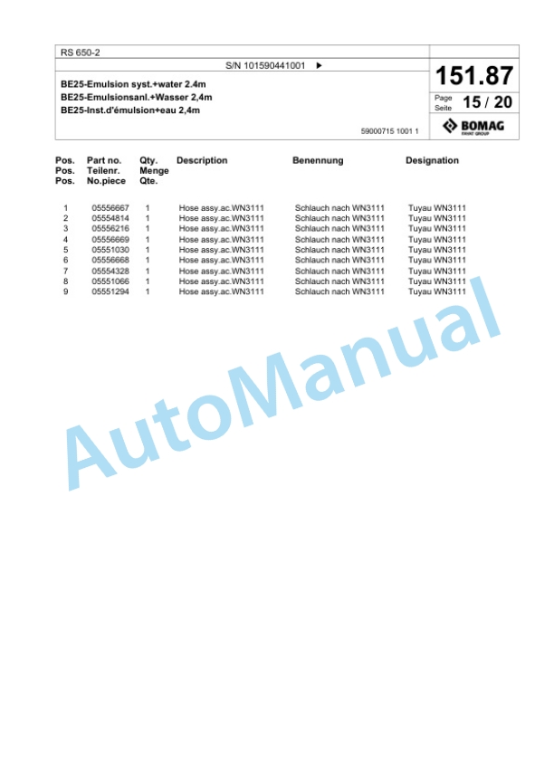 Bomag RS 650-2 Soil Stabilizier - Asphalt Recycler Spare Parts Catalogue 00826671 5 Bomag RS 650-2 Soil Stabilizier - Asphalt Recycler Spare Parts Catalogue 00826671-5