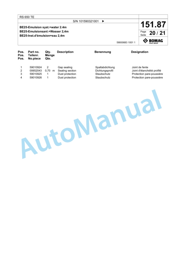 Bomag RS 650 TE Soil Stabilizer - Asphalt Recycler Spare Parts Catalogue 00825831 4 Bomag RS 650 TE Soil Stabilizer - Asphalt Recycler Spare Parts Catalogue 00825831-4