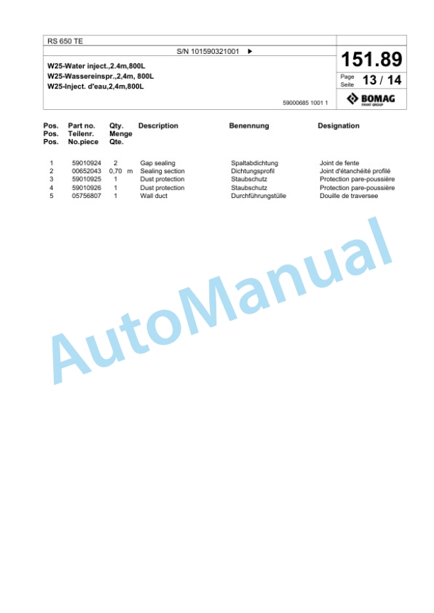 Bomag RS 650 TE Soil Stabilizer - Asphalt Recycler Spare Parts Catalogue 00825831 5 Bomag RS 650 TE Soil Stabilizer - Asphalt Recycler Spare Parts Catalogue 00825831-5