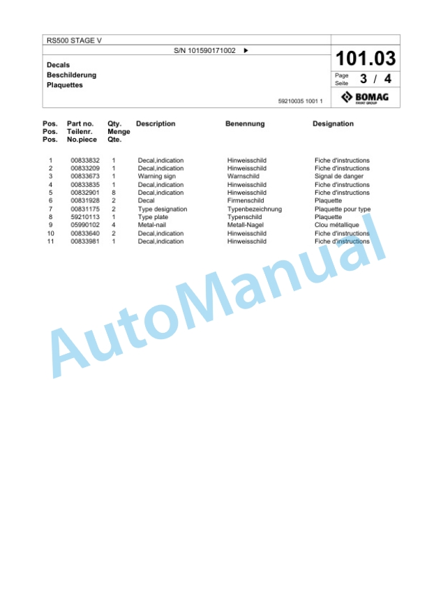 Bomag RS500 STAGE V Soil Stabilizer - Asphalt Recycler Spare Parts Catalogue 00825261 5 Bomag RS500 STAGE V Soil Stabilizer - Asphalt Recycler Spare Parts Catalogue 00825261-5
