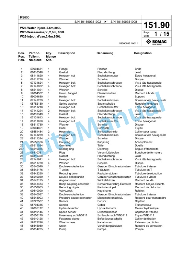Bomag RS600 Soil Stabilizer - Asphalt Recycler Spare Parts Catalogue 00825147 5 Bomag RS600 Soil Stabilizer - Asphalt Recycler Spare Parts Catalogue 00825147-5