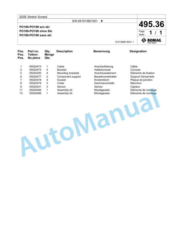 Bomag S20E Stretch Screed Spare Parts Catalogue 00825951 5 Bomag S20E Stretch Screed Spare Parts Catalogue 00825951-5