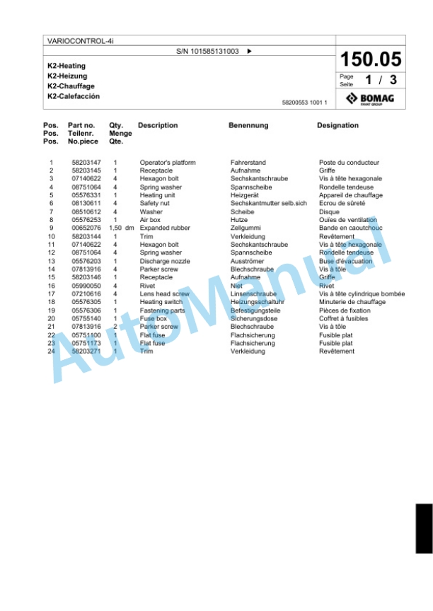 Bomag VARIOCONTROL-4i Single Drum Wheel Drive Vibratory Roller Spare Parts Catalogue 00824451 4 Bomag VARIOCONTROL-4i Single Drum Wheel Drive Vibratory Roller Spare Parts Catalogue 00824451-4
