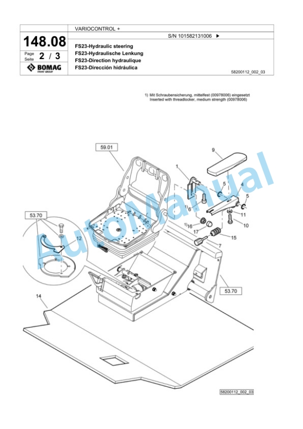Bomag VARIOCONTROL Plus Single Drum Wheel Drive Vibratory Roller Spare Parts Catalogue 00824141 5 Bomag VARIOCONTROL Plus Single Drum Wheel Drive Vibratory Roller Spare Parts Catalogue 00824141-5
