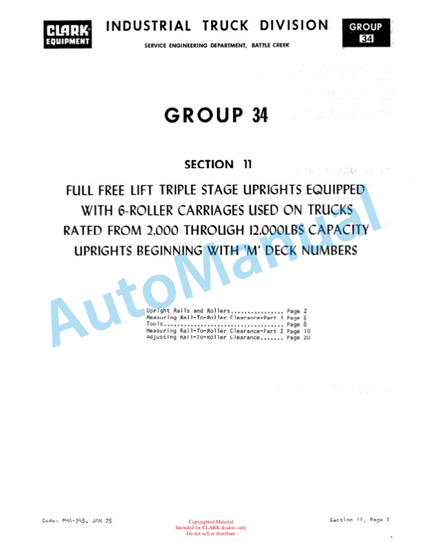 Clark C500 355 LPG Planned Maintenance and Adjustment Procedures Manual PMA-274-5