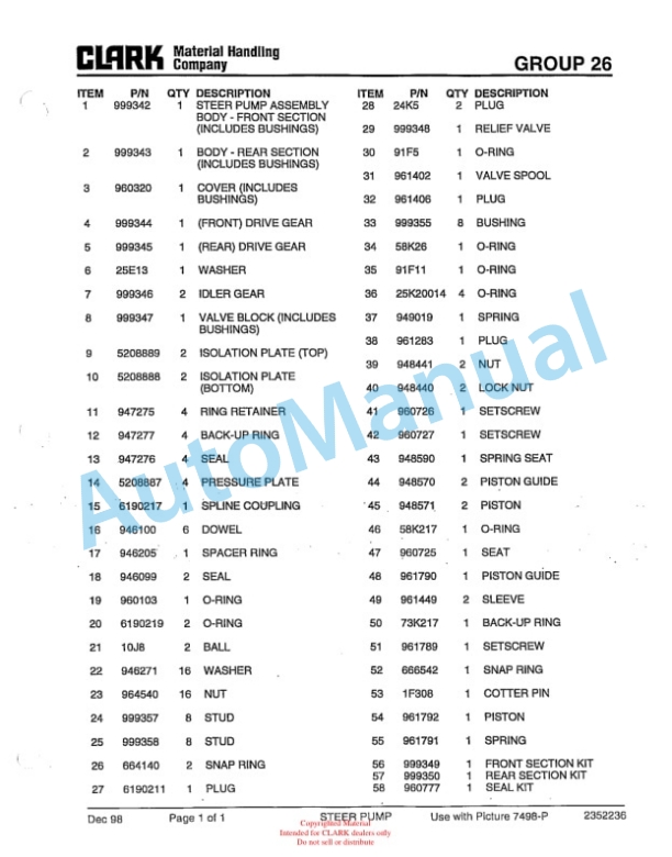 Clark C500 Y 800 CH Container Handler Lift Truck Parts Book PM-X175 4 Clark C500 Y 800 CH Container Handler Lift Truck Parts Book PM-X175-4
