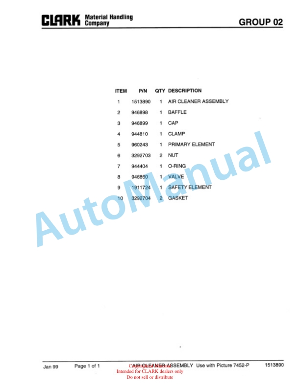 Clark C500 Y 800 CH Container Handler Lift Truck Parts Book PM-X177 3 Clark C500 Y 800 CH Container Handler Lift Truck Parts Book PM-X177-3