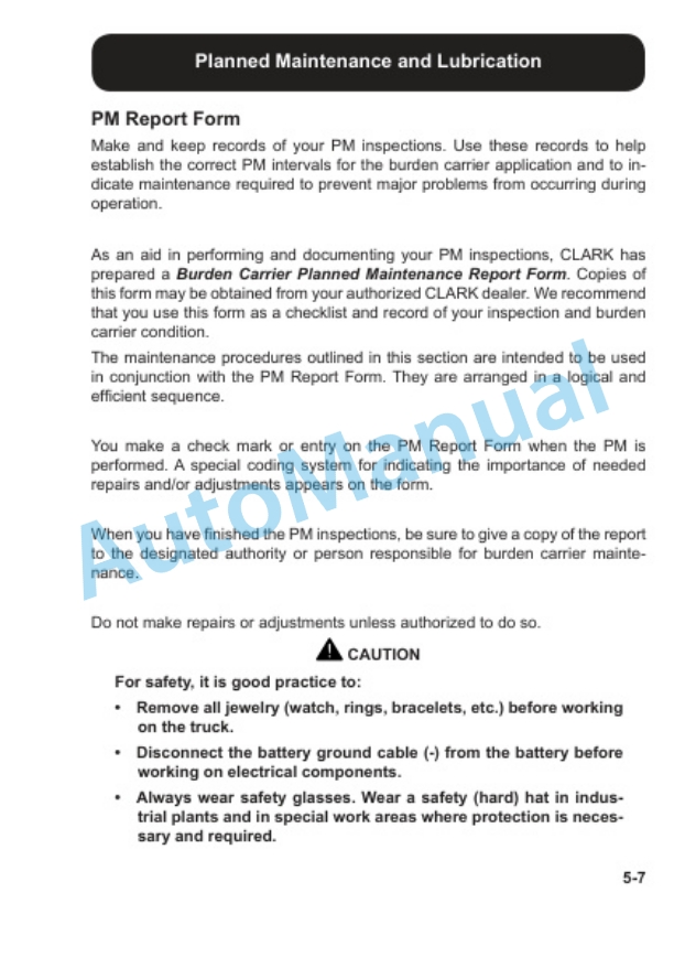 Clark CBX, TRX, FBX Electric Burden Carrier Operator Manual OM-724 3 Clark CBX, TRX, FBX Electric Burden Carrier Operator Manual OM-724-3