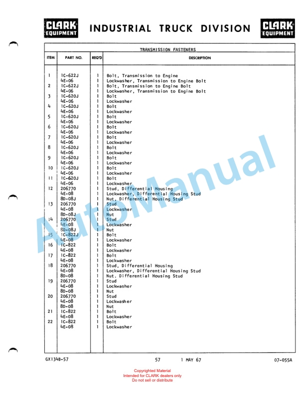 Clark Clarklift 60B Maintenance Manual and Parts Book GX 134B1 3 Clark Clarklift 60B Maintenance Manual and Parts Book GX 134B1-3