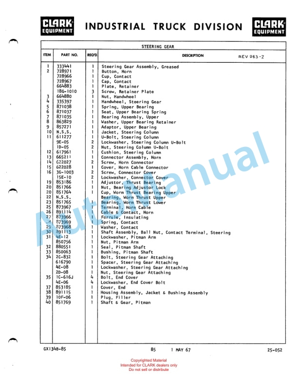 Clark Clarklift 60B Maintenance Manual and Parts Book GX 134B1 4 Clark Clarklift 60B Maintenance Manual and Parts Book GX 134B1-4