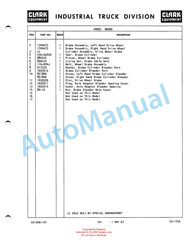Clark Clarklift 60B Maintenance Manual and Parts Book GX 134B1 5 Clark Clarklift 60B Maintenance Manual and Parts Book GX 134B1-5