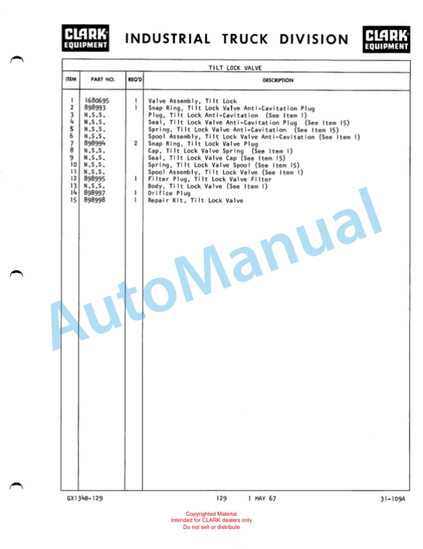 Clark Clarklift 60B Maintenance Manual and Parts Book GX 134B3 4 Clark Clarklift 60B Maintenance Manual and Parts Book GX 134B3-4