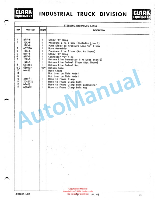 Clark Clarklift CFY 40B Maintenance Manual and Parts Book GX 108A2 3 Clark Clarklift CFY 40B Maintenance Manual and Parts Book GX 108A2-3